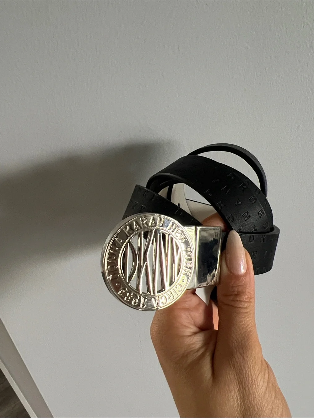 Donna Karan Black Logo Belt with Silver Medallion Buckle size 1x